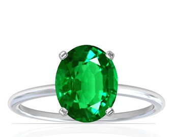 Dainty Oval Four Prong Natural Emerald Ring, Solitaire Wedding, Engagement Ring for Women in Gold, Platinum