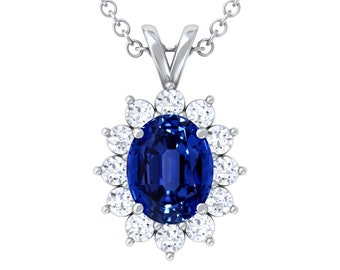 Natural Blue Sapphire Pendant Necklace, Princess Dianna Halo 14K White Gold Wedding Jewelry for Women (2.06cttw)