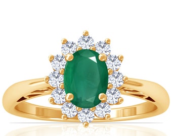 1.02cttw. Emerald Ring Gold, A Grade Princess Dianna Replica Halo Ring for Women, Gift for Her, Emerald Diamond Gold Jewelry