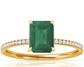 Emerald Engagement Ring, Prong Set Emerald Cut Natural Emerald & Diamond Hidden Halo Wedding Ring for Women, 14K Yellow Gold