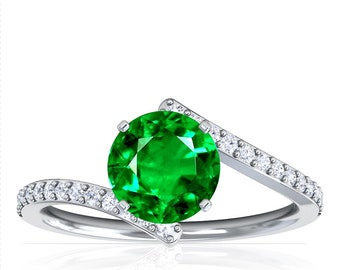 Personalized Bypass Emerald Ring, Genuine Emerald Engagement Ring, Gold/Platinum Wedding Ring for Women