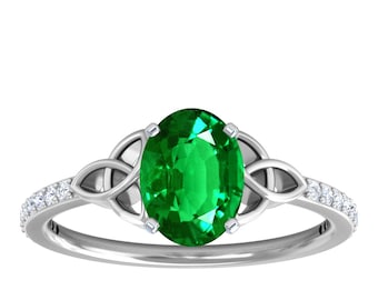 0.89 cttw Personalized Emerald Engagement Ring, Celtic Prong Set Oval Natural Emerald & Diamond Ring for Women in Gold, Platinum