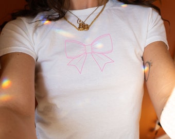 Pink Bow Baby Tee, Coquette Baby Tee, Y2k Baby Tee, Coquette Crop Top, Preppy Stuff, 90s Baby Tee, Coquette Clothing, Y2k Summer Crop Top
