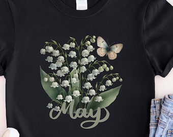 May Birth Flower T-Shirt - Lily of the Valley and Butterfly Design