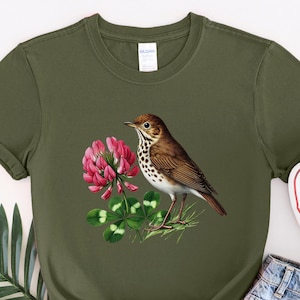 Vermont State Bird and Flower T-Shirt  Hermit Thrush and Red Clover Watercolor Design