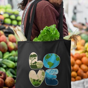 Bio-Baumwolle 'LOVE' Earth Tragetasche - Safari, Regenwald, Ozean, Welt Design