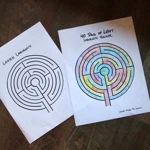 May include: Two printable Lenten labyrinths. The first is a black and white outline of a labyrinth. The second is a colored labyrinth with numbers 1-40 around the outside. The text "40 Days of Lent Labyrinth Tracker" is at the top of the second page.