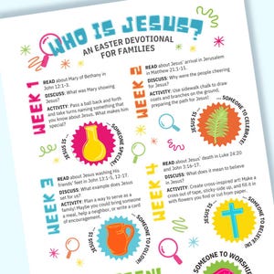 May include: An Easter devotional for families, titled "Who is Jesus?" with weekly themes and activities. Includes discussion prompts and illustrations of a vase, palm branch, pitcher, and cross.