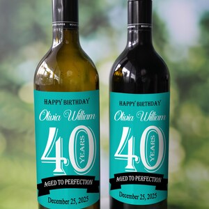 Turquoise Blue Birthday Wine Label, 40th Birthday Wine Label, Aged to Perfection, Customize to Any Age, Waterproof Wine Label, Birthday Gift