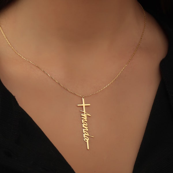 Custom Cross Name Necklace, 14K Solid Gold Cross with Name Necklace, Personalized Cross Necklace, Christian Religious Gift For Christmas