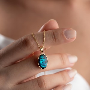 Abalone Necklace Crystal - Oval Pendant Crystal Necklace, Sterling Silver, Gold Plated, Natural Abalone Jewelry, Minimalist Gift for Her