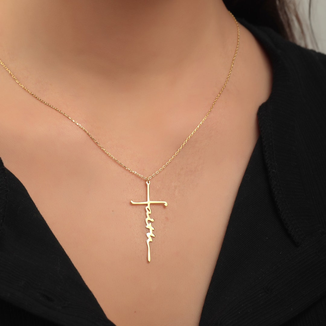 Faith Christian Cross Silver Necklace, 14k Solid Gold Faith Necklace
