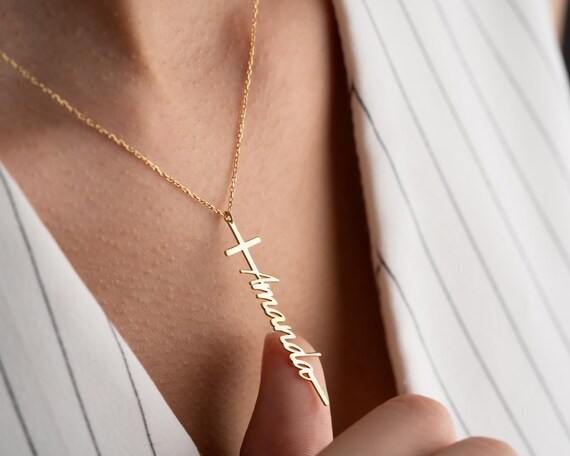 Cross Name Necklace, 14K Solid Gold Cross Pendant With Name