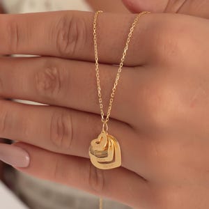 14k Solid Gold Multiple Heart Name Necklace, Personalized Children Name Necklace, Family Kids Name Charm Necklace , Christmas Gift for Mom