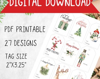 Geschenkanhänger Weihnachten, 27 Weihnachtsgeschenkanhänger, verschiedene Aquarell Designs, DIY Geschenkanhänger, PDF zum sofortigen Download