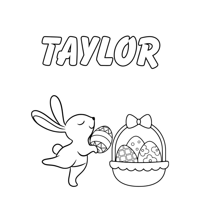 K&ouml;nnte beinhalten: Eine Schwarzwei&szlig;-Zeichnung eines Hasen, der ein Osterei h&auml;lt. Der Hase steht neben einem Korb voller Ostereier. Der Text "TAYLOR" befindet sich oben im Bild.