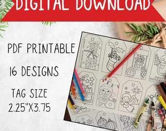 Weihnachten Färbung Tags, DIY Geschenkanhänger, PDF Digital Download, Kinder Färbung Aktivität, lustige Geschenk geben, Urlaub Geschenkanhänger
