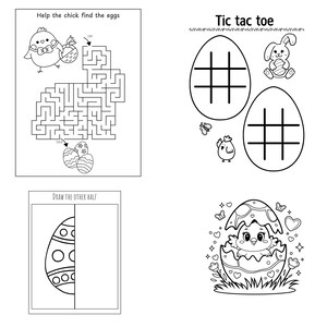 K&ouml;nnte beinhalten: Schwarzwei&szlig;es druckbares Oster-Aktivit&auml;tsblatt mit drei Spielen: ein Labyrinth f&uuml;r ein K&uuml;ken, um Eier zu finden, ein Tic-Tac-Toe-Spiel mit einer Ei-Form und ein K&uuml;ken, das aus einem Ei schl&uuml;pft.