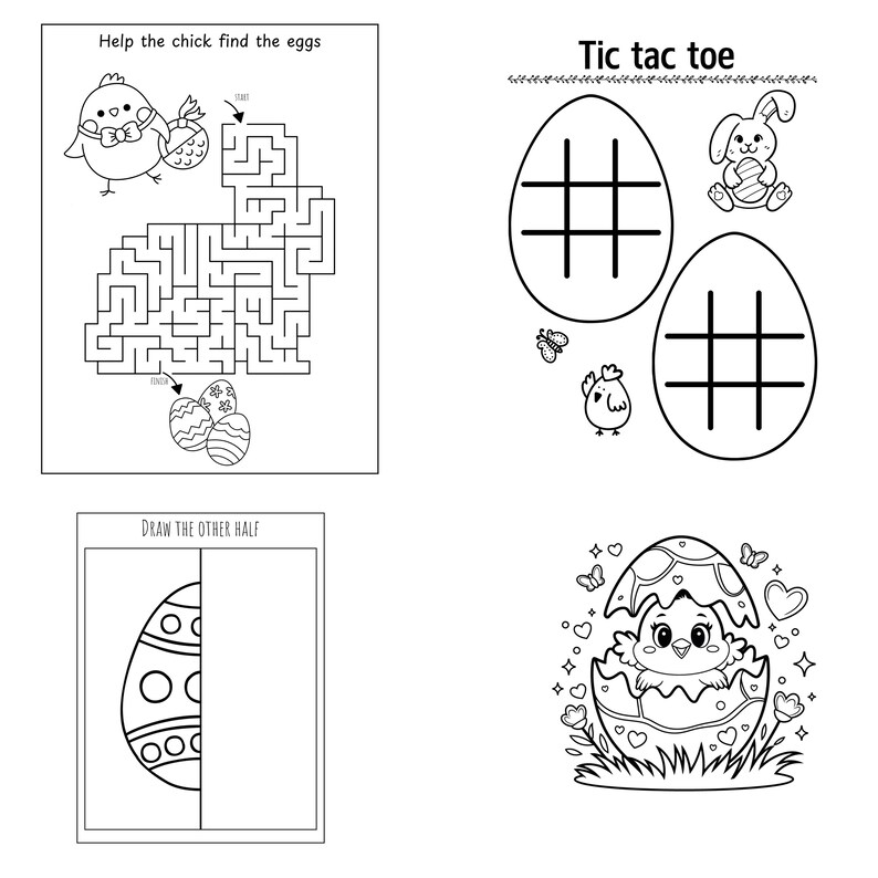 K&ouml;nnte beinhalten: Schwarzwei&szlig;es druckbares Oster-Aktivit&auml;tsblatt mit drei Spielen: ein Labyrinth f&uuml;r ein K&uuml;ken, um Eier zu finden, ein Tic-Tac-Toe-Spiel mit einer Ei-Form und ein K&uuml;ken, das aus einem Ei schl&uuml;pft.