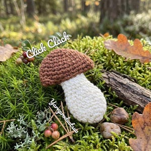 May include: A crocheted mushroom with a brown cap and white stem rests on a bed of green moss. The text "Click Clack" and "Yarnproductsuia" are visible. The scene includes leaves, berries, and small stones.