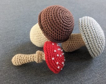 3in1 Mushroom Crochet Pattern Set, Amigurumi Woodland Toys PDF in US English, Amanita Toadstool Play Food, Cottagecore Forest Nursery Decor