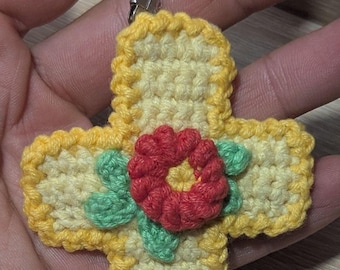 Crochet Cross Pattern PDF in English (US), Amigurumi Keychain with Flower, Catholic Baptism First Communion Gift, Christian Car Charm DIY
