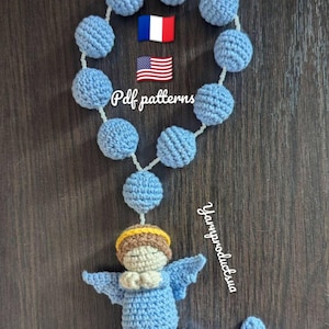 Crochet Pattern Rosary Guardian Angel, English (US) & French PDF, Baptism First Communion Gift, Amigurumi Prayer Beads, Rosario with Cross
