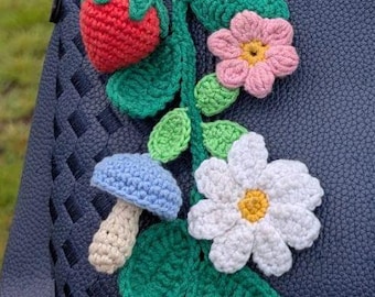 Crochet Pattern: Nature Inspired Bag Charm, Cute Strawberry and Flower Keychain PDF in US terms, Whimsical Summer Gift Idea for beginners