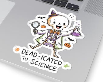 Autocollant squelette « Dévoué à la science », autocollant scientifique d'Halloween, autocollants humoristiques sur la science, autocollants d'Halloween pour laboratoire, Halloween scientifique