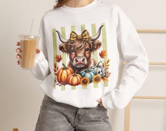 Sweat-shirt Highland Cow Sunflower, Sweat-shirt rayé automne style ferme, Sweat-shirt d'automne girly, Sweat-shirt d'automne style campagne