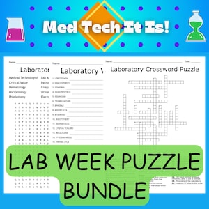 Puede incluir: Un paquete de rompecabezas con temática de laboratorio, que incluye un crucigrama, una búsqueda de palabras y ejercicios para completar. La imagen presenta el texto "Med Tech It Is!" y "Lab Week Puzzle Bundle".