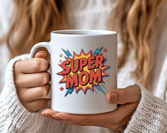 Mug Super Mom Comic Burst, Mug personnalisé pour la fête des Mères, Cadeau d'anniversaire personnalisé pour maman, Idée cadeau pour la Fête des Mères, Mug Fête des Mères