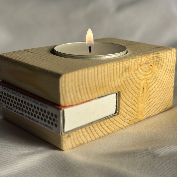 Single Tea Light wooden candle holder with matches built in!