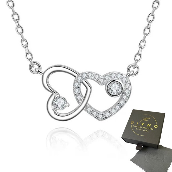 925 Sterlingsilber Damen Halskette mit Anhänger Herz Zirkonia Liebe Love Doppelherz Silber Liebesbeweis Geschenk Kette