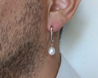 Mens single pearl earring,Small huggie hoops earrings,Real pearl sleeper earring,Teardrop boyfriend gift ideas,Dangle mens mono earring