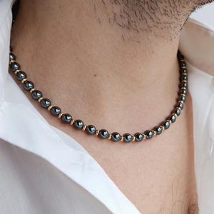 Mens minimalist black hematite necklace,Streetwear gold choker,Mens crystal beaded y2k necklace,Masculine boho black gemstone necklace