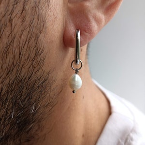 Mens single pearl earring,Small huggie hoops real pearl square hoop earrings,Mens pearl hoops,Mens mono teardrop dangle earring image 1