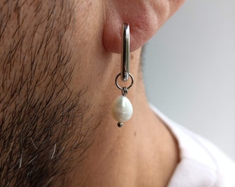 Mens single pearl earring,Small huggie hoops real pearl square hoop earrings,Mens pearl hoops,Mens mono teardrop dangle earring