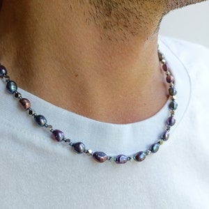 Zwarte herenparelketting, y2k choker met echte parelkralen, surfer edelsteen hematietketting, zwarte parelketting mannen