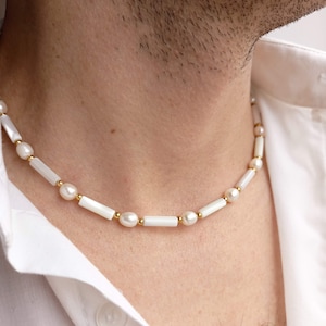 Mens gold pearl necklace,Mother of pearl choker,Y2k crystal necklace,Gemstone necklace,Boyfriend gift,Real pearl gold beaded necklace men