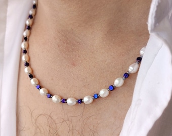 Mens pearl necklace,Crystal beaded y2k hematite choker,Real pearl necklace,Purple gemstone surfer choker,Freshwater pearl necklace men