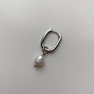 Mens single pearl earring,Small huggie hoops real pearl square hoop earrings,Mens pearl hoops,Mens mono teardrop dangle earring image 3