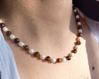 Tigerauge Perlenhalskette,Echte Perlenkette für Herren,Edelstein Halsband,Surfer Halsketten,Edelstein Halsketten,Edelstein Halsketten