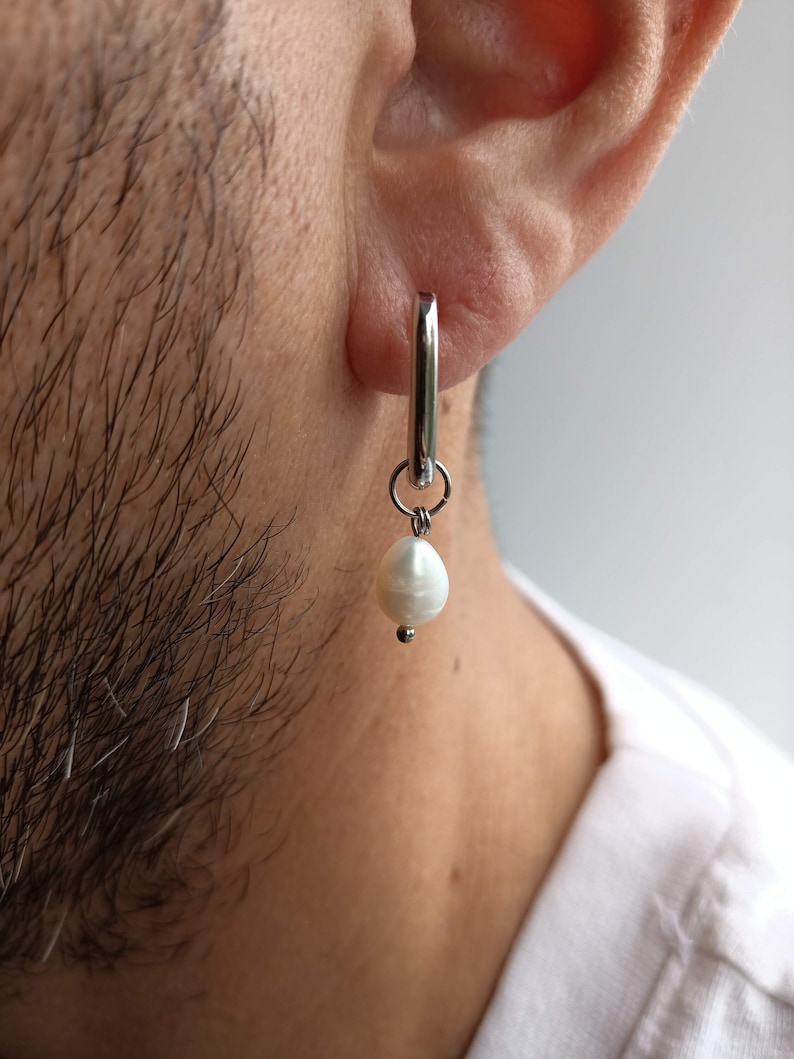 Mens single pearl earring,Small huggie hoops real pearl square hoop earrings,Mens pearl hoops,Mens mono teardrop dangle earring image 1