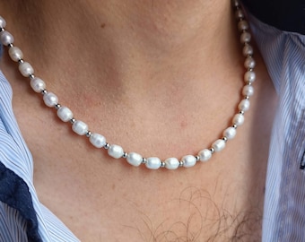 Mens pearl necklace,Minimalist real pearl beaded choker,Gift father,Everyday mens choker,Boyfriend gift ideas,Mens pearl beaded y2k necklace