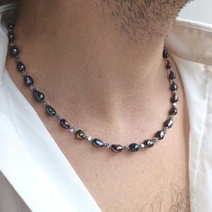 Mens black pearl necklace,Brutalist real pearl beads choker,Hematite gemstone necklace,Bold black pearl with brown tint jewelry necklace men