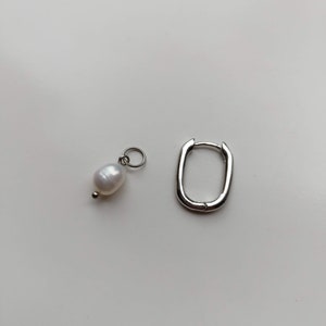 Mens single pearl earring,Small huggie hoops real pearl square hoop earrings,Mens pearl hoops,Mens mono teardrop dangle earring image 6