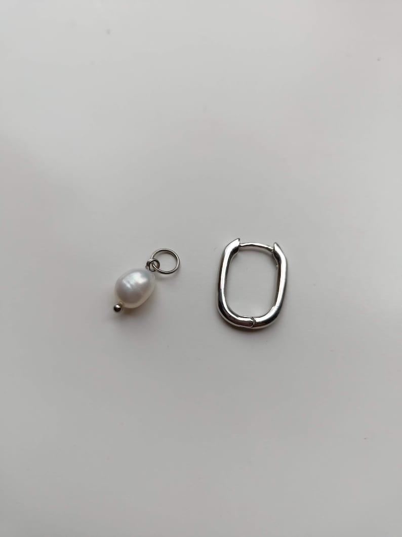Mens single pearl earring,Small huggie hoops real pearl square hoop earrings,Mens pearl hoops,Mens mono teardrop dangle earring image 6