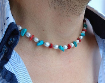 Mens pearl necklace Raw crystal y2k turquoise coral choker Real pearl surfer necklace Boyfriend gift idea Gemstone beaded pearl necklace men