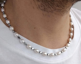 Mens pearl necklace,Beaded y2k choker,Gemstone necklace,Boyfriend necklace gift ideas,Fathers day gifts,Y2k real pearl necklace men